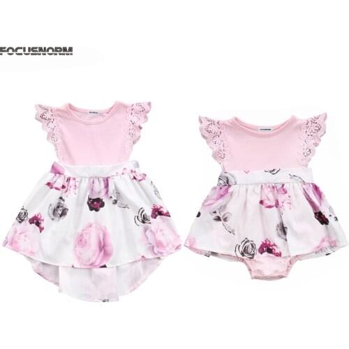 Summer Cute Kids Girls Lace Floral Print Petal Sleeve O-Neck A-Line Dress Romper Dress