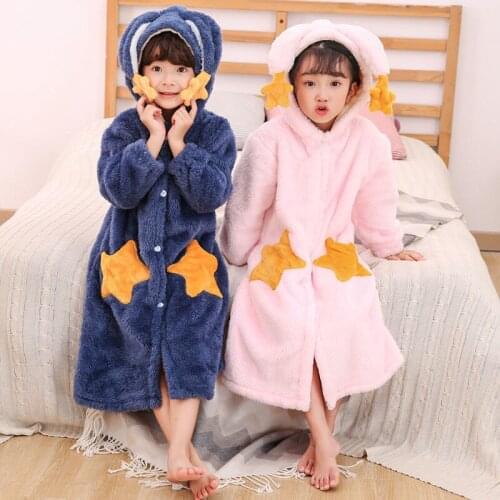 Fashion Cute Rabbit Hooded Robes for Kids Girls Flannel Warm Dressing Gown Children Pineapple Thicken Bathrobe Star Sleepwear