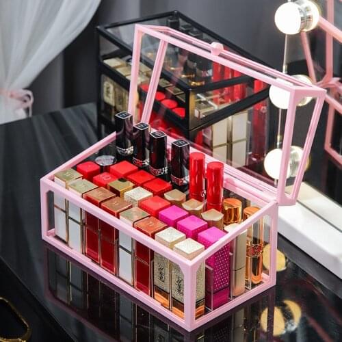 18/32 grid desktop glass lipstick storage box display stand with lid multi-compartment cosmetic dustproof lipstick rack