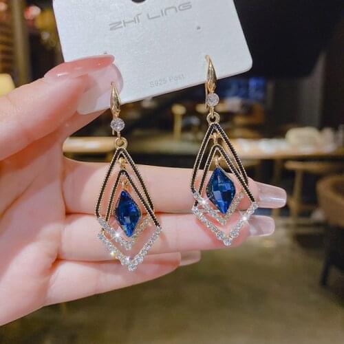 Wholesale New Geometric Double Rhombus Crystal Earrings Female Korean Temperament Long Diamond-studded Earrings Jewelry