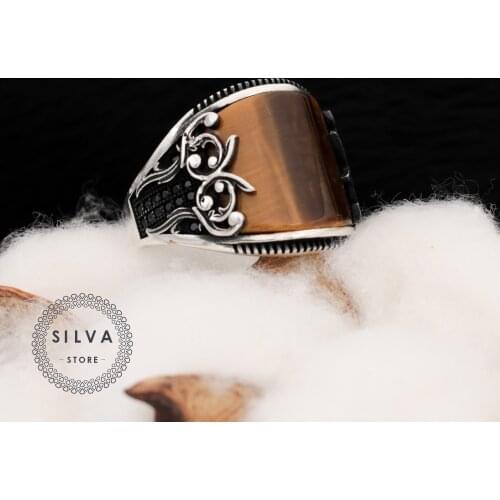 Original 925 Silver Mens Ring With Tigereye Stone. Man Jewellery Stamped With Silver Stamp 925 All Sizes Are Available