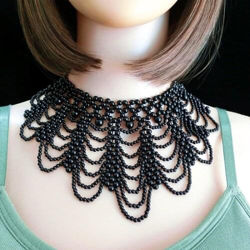 French Romantic Pearl Chain Pendant Necklace Womens Sparkling Layered Necklace Choker Party Hollow Out Necklace Scarf Necklace