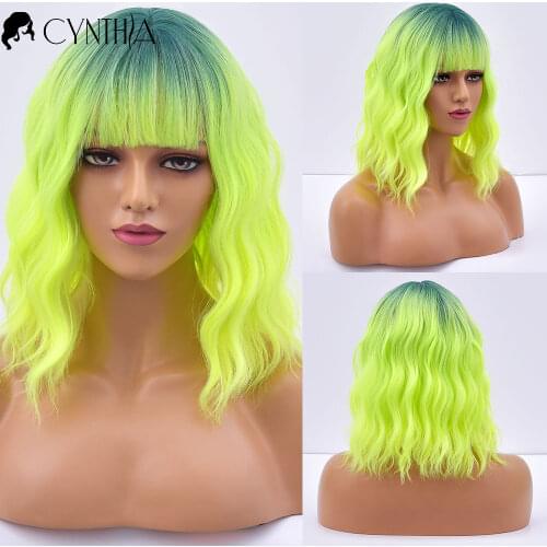 Womens Cosplay Short Wave Natural Hair Synthetic Wigs With Bangs For Women Heat Resistant Daily Ombre Green Fibre Wig