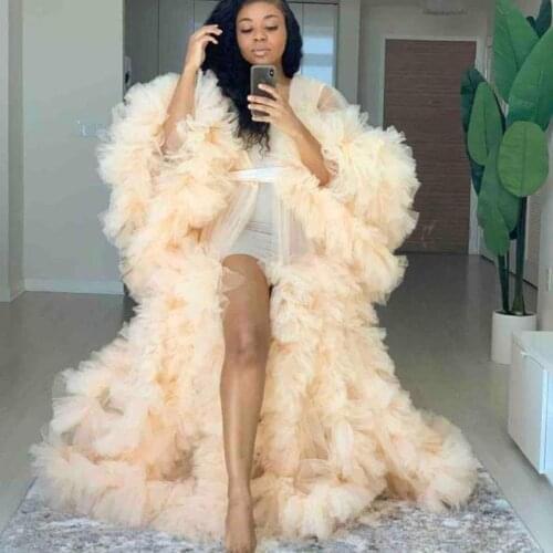 Maternity Star Dresses Robe Sexy Illusion Tiered Ruffles Photoshoot Babyshower Bathrobe 2021 Luxury Kimono Party Birthday Dress