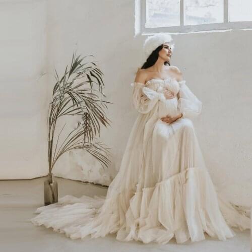 Fluffy Tulle Maternity Dresses With Sleeve Lush Ivory Photo Shoot Elegant Bridal Pregnancy Dresses Plus Size Off Shoulder