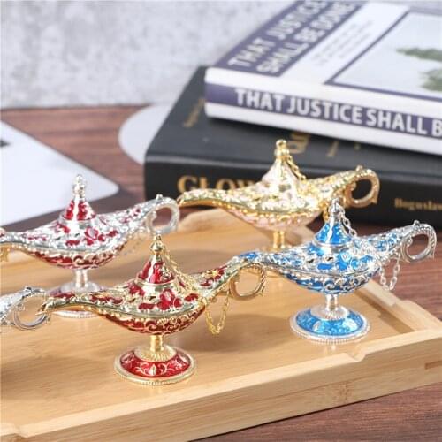 Craft Zinc Alloy Classic Metal Carved Aladdin Lamp Light Wishing Tea Oil Pot Decoration Collectable Saving Collection Arts Craft