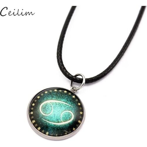 Vintage 12 Zodiac Constellation Necklace Black Leather Rope Chain Round Glass Pendant Necklaces Birthday Gift Women Jewelry