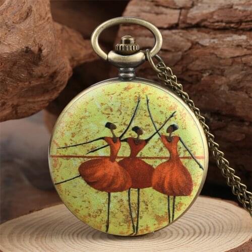 Vintage Bronze Quartz Pocket Watch Ballet Dancer Painting Design Pendant Quartz Necklace Clock Gifts for Ladies Girls