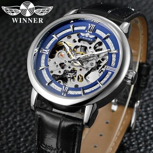 WINNER Automatic Mechanical Men Wristwatch Military Sport Male Clock Top Brand Luxury Leather Skeleton Waterproof Man Watch 034