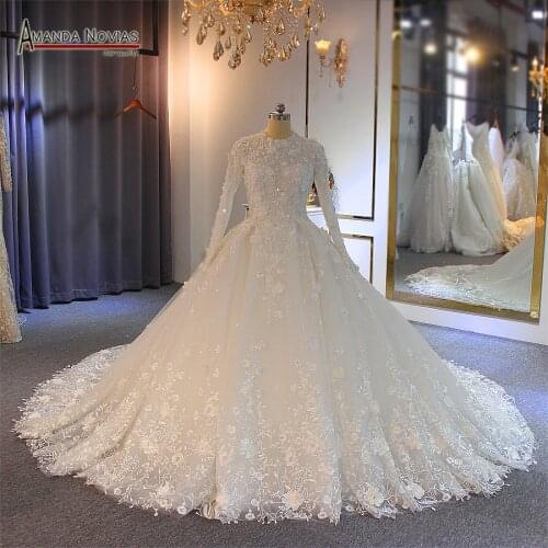 Wedding Downs 2022 Muslim Wedding Dress With Flowers Full Lace Bridal Dress
