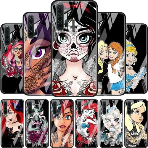 Tempered Glass Cover Tattoo Disney Princess For Honor 30 20 10 9X 8X Lite Pro Plus Silicone Phone Case Coque Shell
