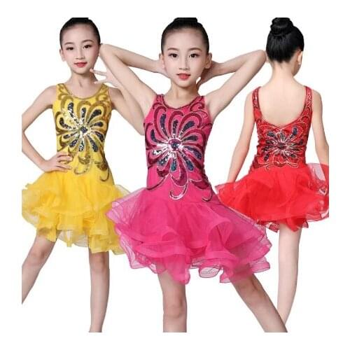 Childrens Girl Fashion Dance Dress Solid Sequins Mid Mesh Fluffy Children Costumes Latin Dance Performance Stage Dance Dress