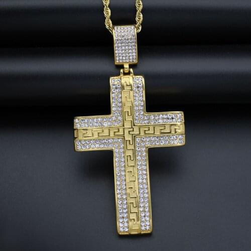 Hip hop Bling Bling Jesus Cross Pendant stainless steel For Men Paved rhinestone Gold Colour Necklace jewelry