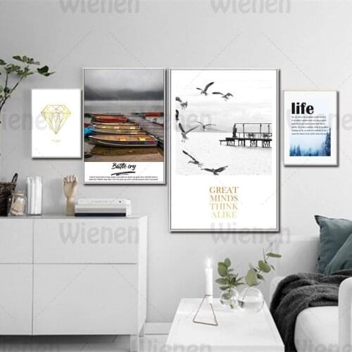 Canvas Painting Boat Lake Scenery Life Quotes Diamond Wall Pictures Nordic Posters and Prints Home Decoration Living Room Murals