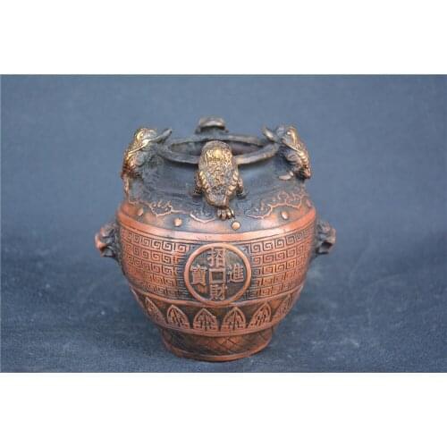 Collection QingDynasty copper carved toad jar,Hand carving crafts,best adornment,free shipping