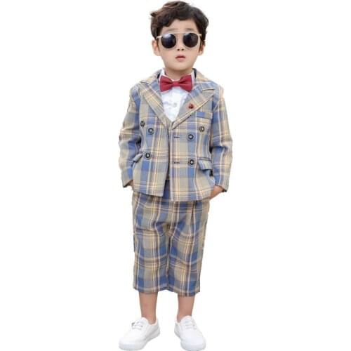 Boys Plaid Dress Suit Set Children Handsome Blazer Vest Pants 3pcs Clothes Set Kids Performance Party Wedding Costume