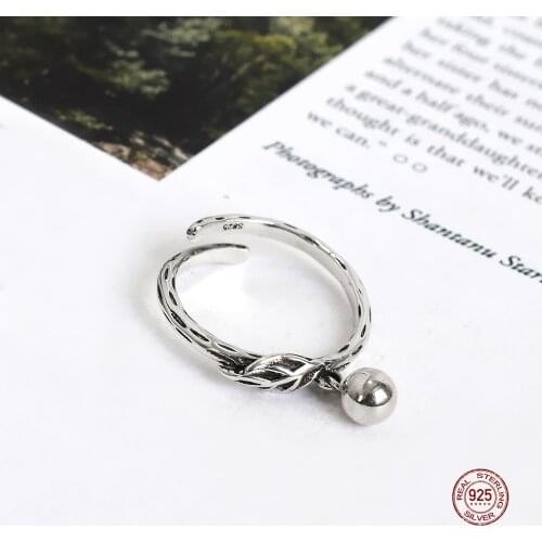 LKO Personality Vintage Leaf 925 Sterling Silver Rings Chic Temperament Round Bead Ring For Women Party Ornaments Adjustable