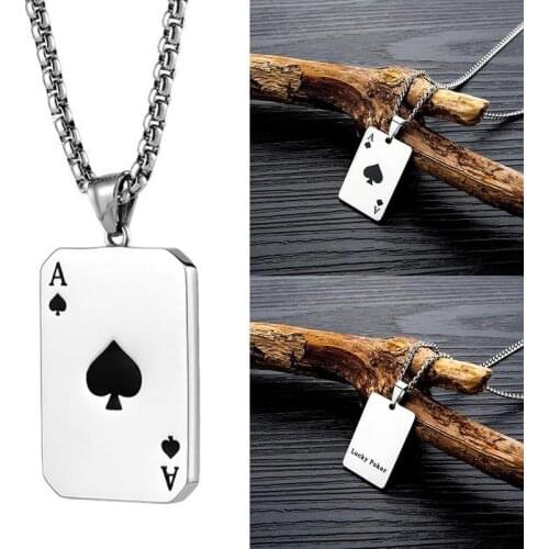 Men Stainless steel Necklace Playing Card Red Hearts Spades A Necklace Clavicle Necklace Poker Charm Pendant Chain Punk Jewelry