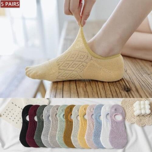 5 Pairs/Set Women Cotton Summer Socks Solid Silicone non-slip invisible Socks Comfortable Mesh Ankle Boat Funny Socks Fashion