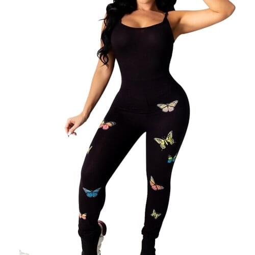 BAMBOOBOY New Women Fashion Butterfly Print Slim Yoga Gym Sexy Strap Bodycon Fitness Playsuit Black Jumpsuit ZL1614