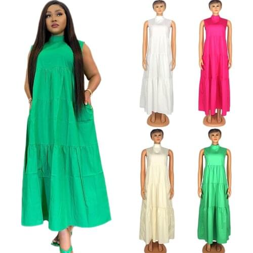 Solid Color Women African Kanga Clothing Pleated Maxi Dress Sleeveless Loose Kaftan Africa Ankara Clothes 2021 Fashion Dashiki