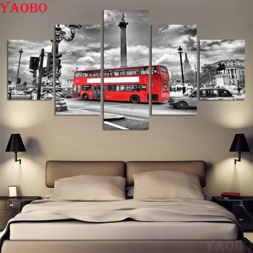 Full square round diamond embroidery 5 Panel City Scenery Red Bus DIY 5d diamond painting Cross Stitch mosaic picture home decor