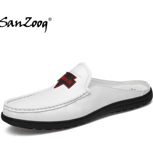 Sanzoog White Fashion Casual Leather Half Shoes For Men Slip On Mules Summer Breathable Black size 37~46