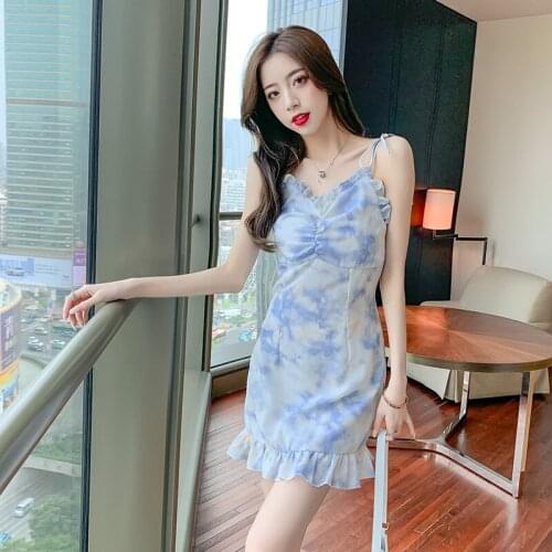 Sexy Spaghetti Strap Dress Female 2021 Women Fashion Sleeveless V-Neck Print Ruffles Pleated Backless Mini Dress Vestidos Mujer