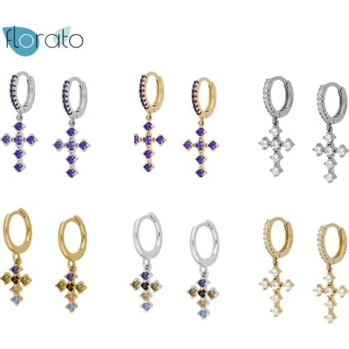 Purple/Colorful Crystal Cross Pendant Drop Earrings 925 Sterling Silver Huggies Hoop Earrings for Women Christmas Xmas Gifts