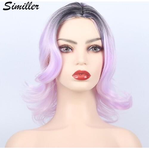 Similler 16inch Short Wavy Ombre Wig Synthetic Hair Black T Light Purple Halloween Costume Cosplay Wigs For Women