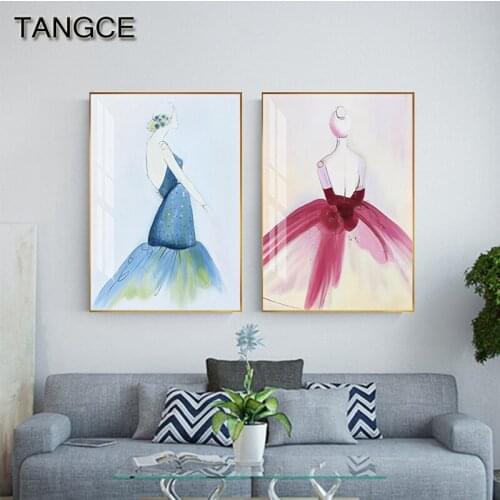 Nordic Watercolor Canvas Poster Print Abstract Skirt Girl Wall Paintings Fashion Wall Art for Living Room HD Blue Pink Paintings