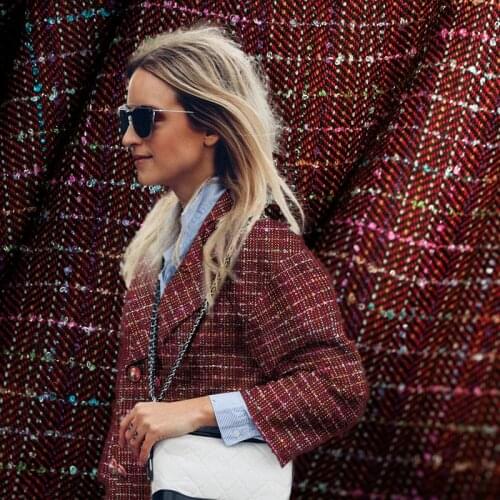 Yarn-dyed check/plaid wool blends polyester tweed fabric,dark red tone,sewing for jacket,coat,dress,suits,craft by the yard