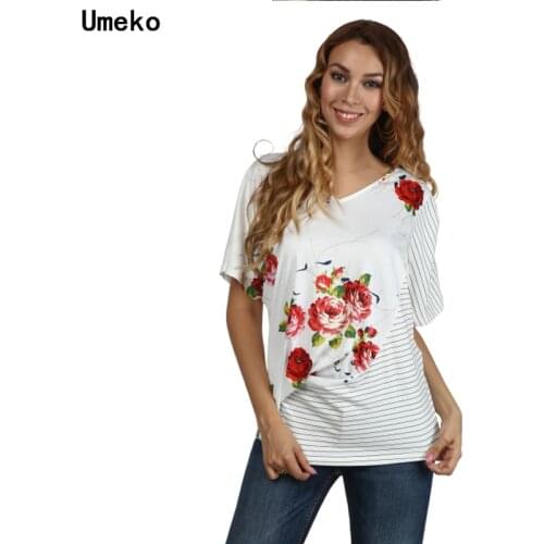 Umeko Women Summer Casual Loose Floral Printed Stripe Splicing Design Short Sleeve O-neck Shirt Tops Ladies Plus Size Beachwear