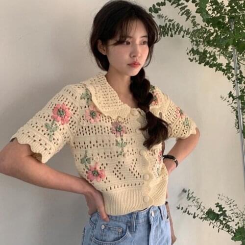 Verlena Short Sleeve Knitted T Shirt Turn-Down Collar Sweet Flower Attached Summer Crop Top Sweater Korean Fashion Pullover 2021