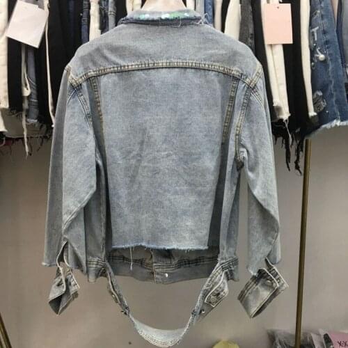 Personality New Colorful Sequins Embroidered Flares Female Short Coats High Street Cuff Hole Ripped Loose Womens Denim Jackets