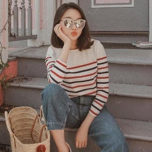 Women T-shirt Vintage Shoulder Buckle Cotton Color Striped Sea Soul Shirt Long Sleeve tshirt women