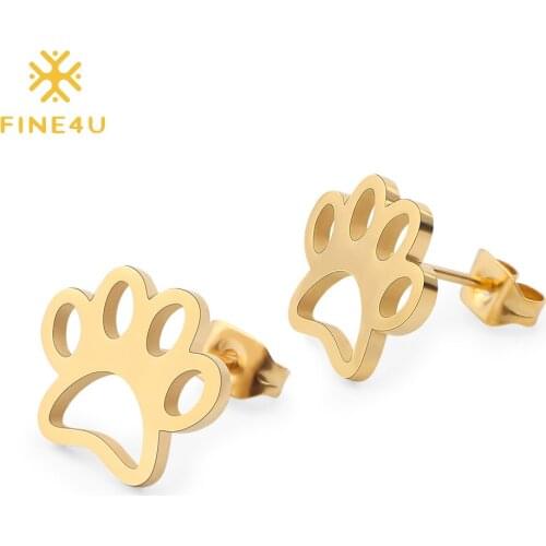 FINE4U E176 Stainless Steel Dog Cat Paw Print Stud Earrings Hypoallergenic Animal Footprint Cute Earrings for Teen Girls Gift