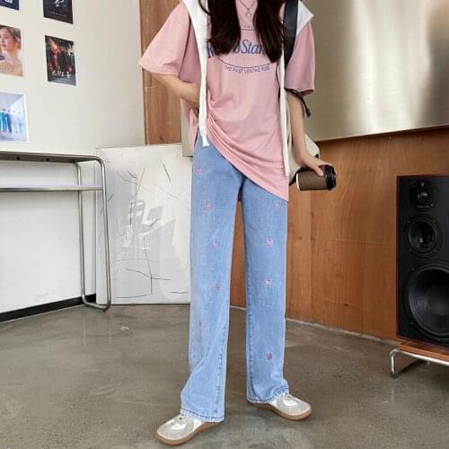 2021 New Womens Fashion Love Embroidery Streetwear Vintage High Waist Wide Leg Pants Blue Casual Girl Student Denim Trouser