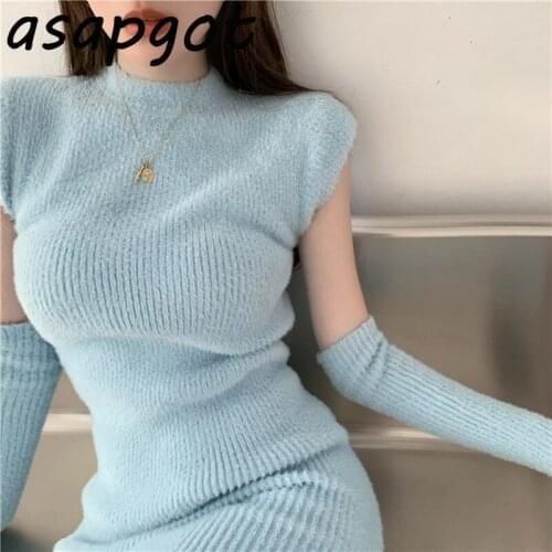 New Fall Winter Tight Blue Half Turtleneck Sweaters Dress Mini Lady Fashion Slim Sheath Pink Knitted Dress Casual Sexy Black