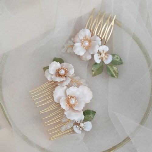Gold Floral Bridal Combs Hair Pins Leaf Pearls Women Accessories Hand wired Wedding Hair Piece Photography Modeling Jewelry
