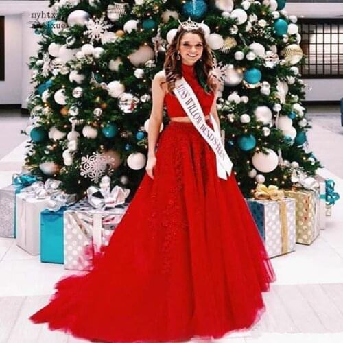 2020 Prom Dresses Sexy High Collar Tulle Lace Beaded Two Pieces Maxys Long Prom Gown Dress Robe De Soiree Cheap Bestidos De Gala