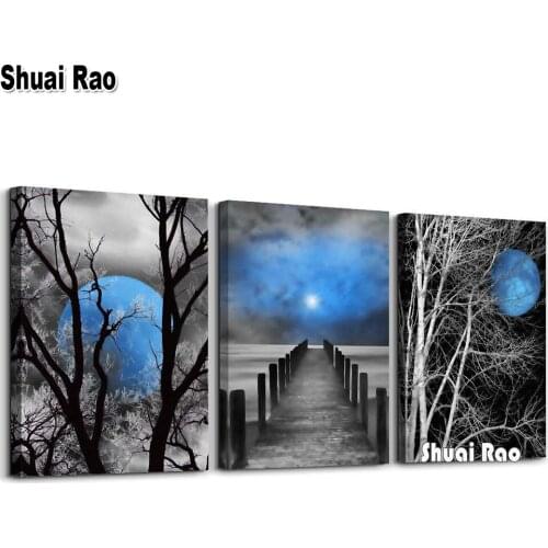 Black and White Tree Blue Moon Landscape 5D DIY Diamond Painting Full Square Round Embroidery Mosaic Cross Stitch Triptych
