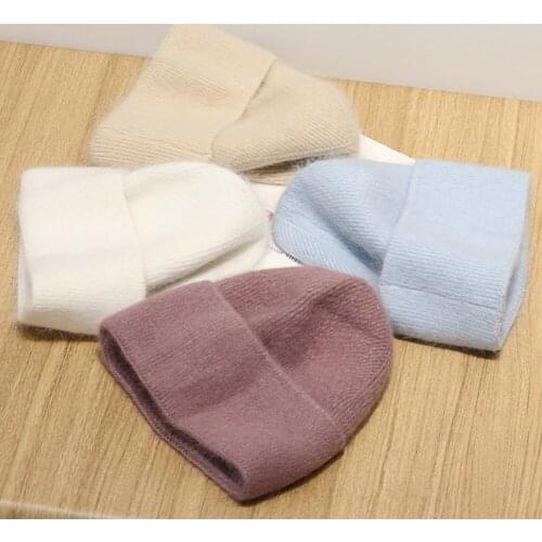 Angora Fur Warmth Solid Thick Knitted Beanie Women Men Winter Elastic Soft Cap Female Girls Bonnet Hats Outdoor Street Caps