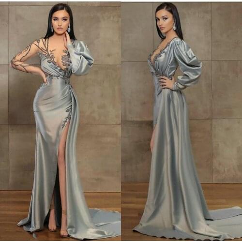 Sexy Evening Gowns With High Side Split Beaded Satin Long Sleeve Prom Dress Sweep Train Custom Made Illusion Robes De Soirée