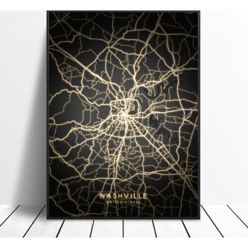 Nashville New Orleans New York City Orlando Philadelphia United States Black and gold Canvas Wall Art Map Poster