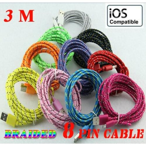 Colorful Braided Fabric Micro USB Cord Data & Sync Charger Cable For iPhone X 8 7 6 5 3M 10ft 10 Colors Hight Qualit 300pcs/lot