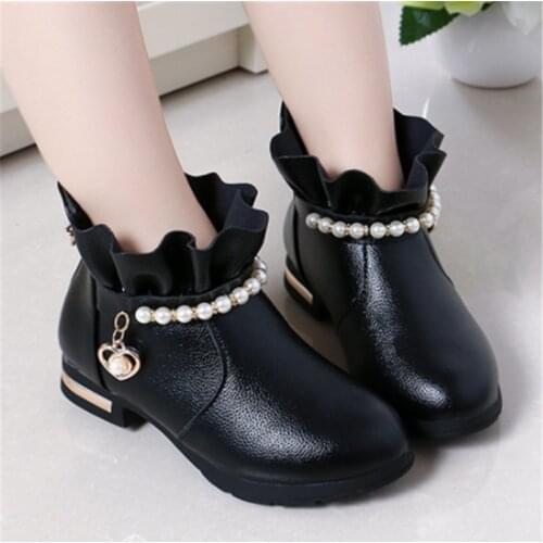 Kids Boots For Girls Ankle Beads Little Girls Boots PU Leather Soft Warm Children Shoes Winter Size 27-37