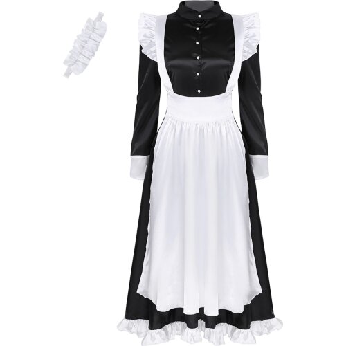 Long Sleeves Front Button Long Maxi Fancy Party Dress with Apron and Headpiece Women Adult Maid Cosplay Sexy Costumes Outfit
