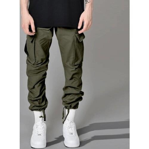 Men Casual Pants Solid Color Multi-pocket Leg Opening Drawstring Hip Hop Trousers Streetwear Jogger Cargo Pants Sweatpants