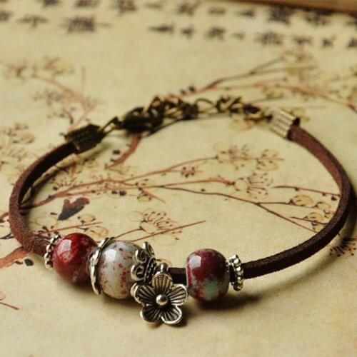 Ceramic Beads Bracelets Leather Link Chain Cuff Bangles Adjustable Wristband Women Silver Flower Charm Fashion Jewelry